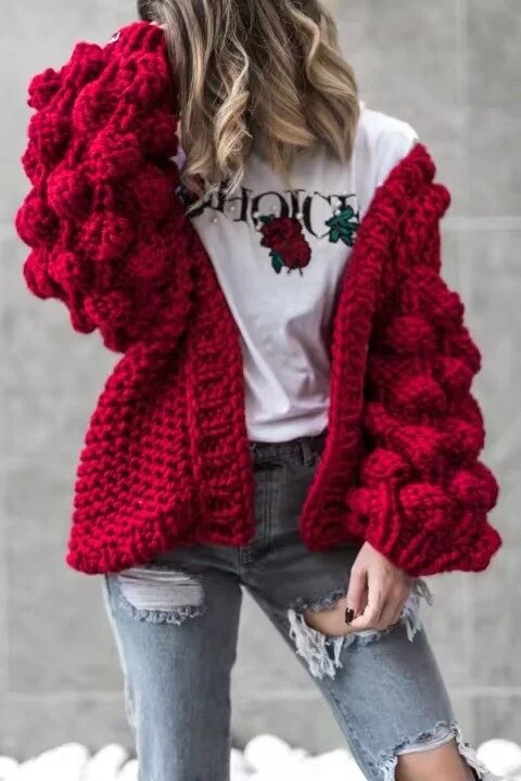 Autumn Winter Thicken Knitwear Cardigan Sweaters Sexy Puff Sleeve Handmade Knitted Cardigans Warm Sweater Outwear Coats Pink