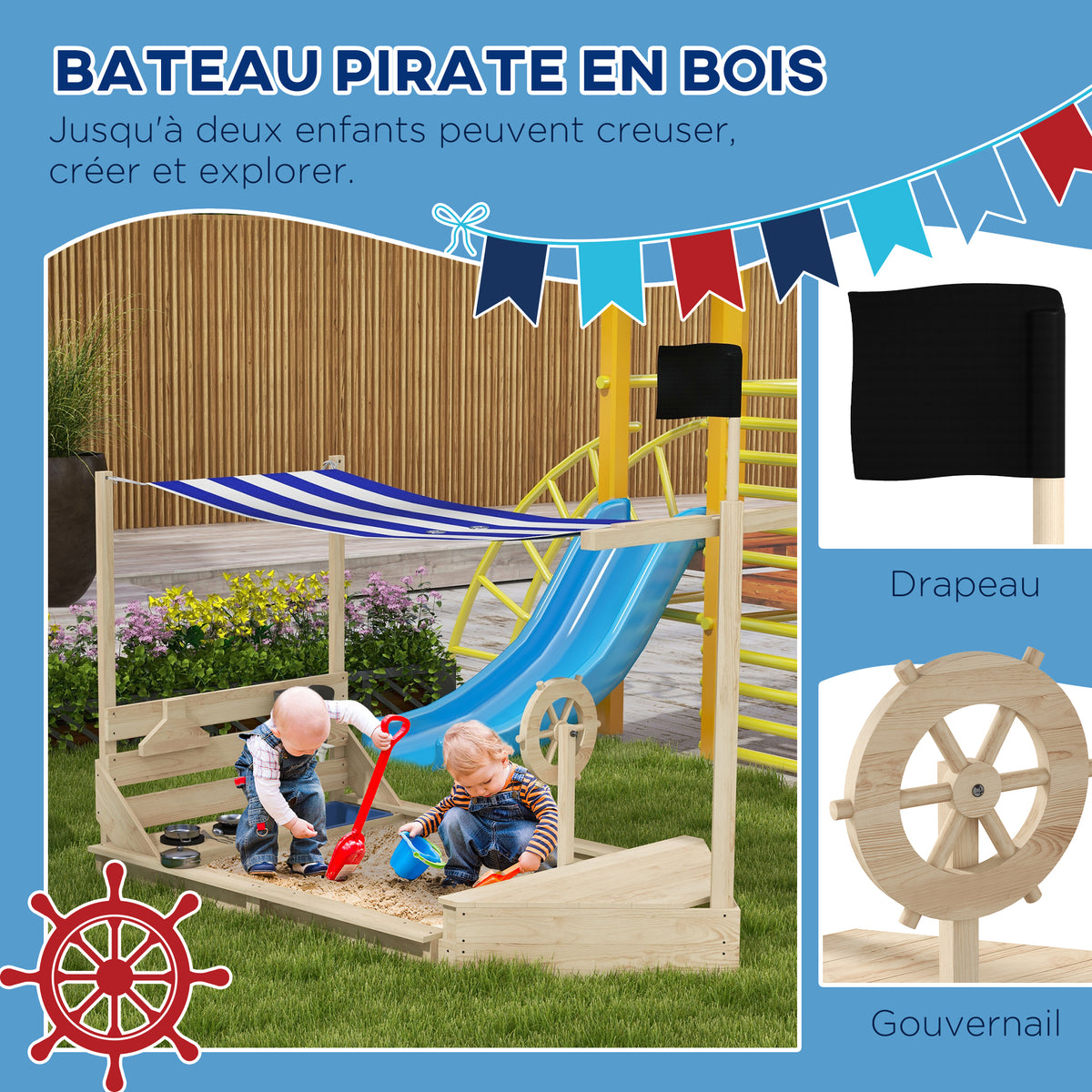 Bac à sable en bois avec jeu de cuisine 6 accessoires coffre rangement gouvernail drapeau 180 x 103 x 144,5 cm naturel-3