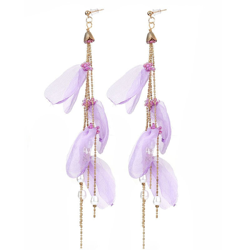 Handmade fabric pearl earrings female super fairy long tassel earrings