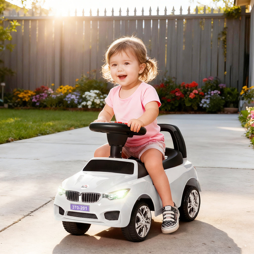 Porteur enfants voiture, véhicule à pousser avec coffre à jouets, klaxon, phares et musique, 63,5 x 28 x 36 cm, blanc-1