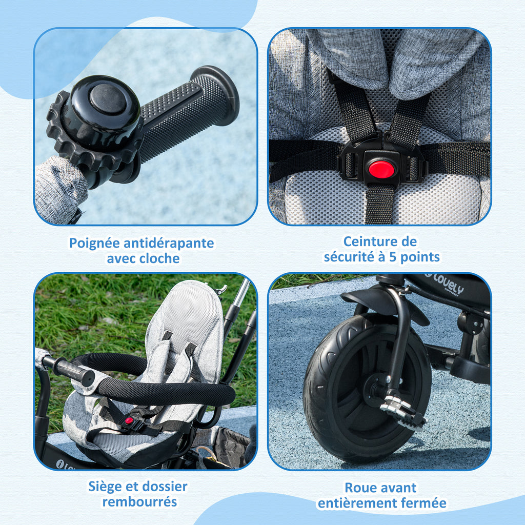 Tricycle Enfant évolutif Pare-Soleil Pliable Canne télescopique Amovible 95 x 50 x 106 cm Acier Gris Noir-3