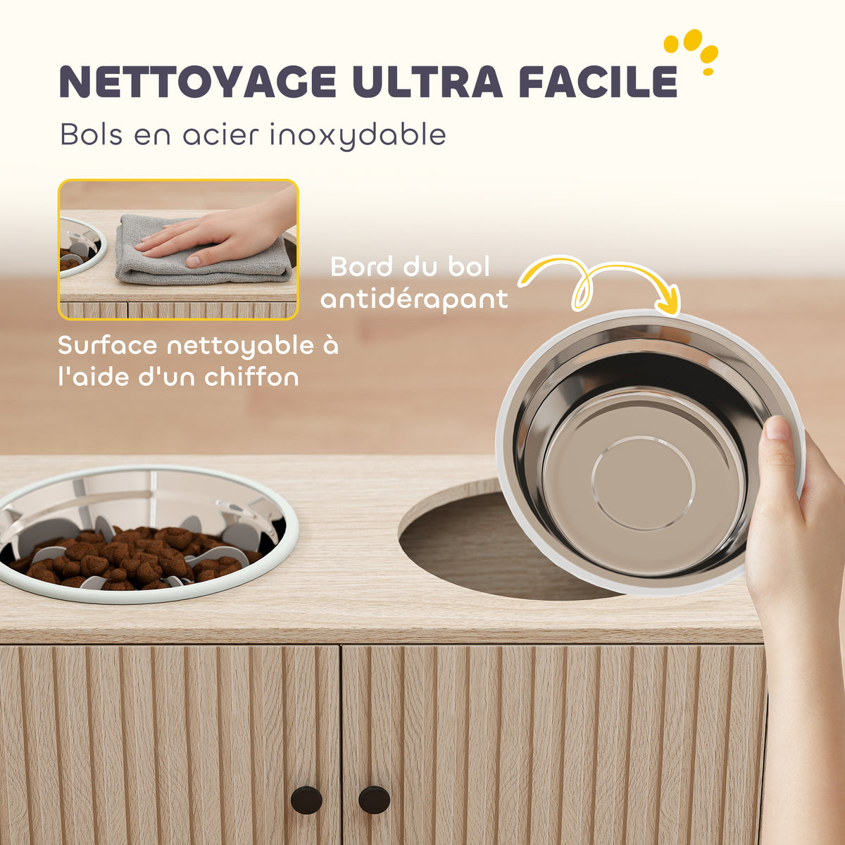 Gamelles pour chiens surélevées porte-gamelles avec rangement de 40L, 2 bols en acier inoxydable 60 x 30 x 35,5 cm chêne-5