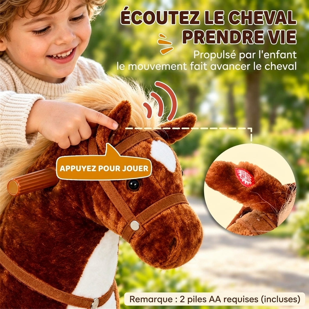 Cheval à Monter pour Enfant, Cheval à Roulettes en Peluche, Sons Réalistes, Poignée, 75 cm de Haut, Marron-4