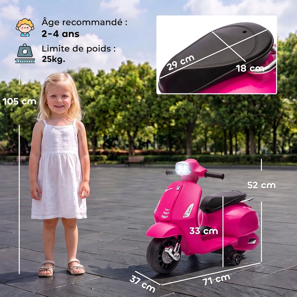 Moto électrique enfants 6 V, voiture électrique enfants avec Roues d'Apprentissage, pour 2-4 Ans, 71 x 37 x 52 cm, Rose-2