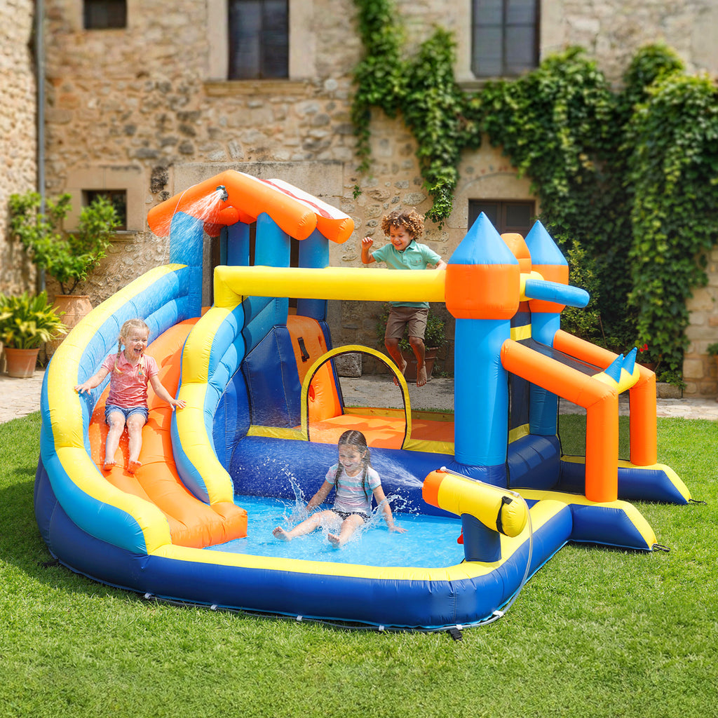 Château gonflable avec souffleur 8 en 1, parc aquatique, toboggan, trampoline, piscine à balles, multicolore-9
