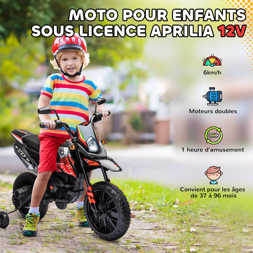 Moto électrique enfants sous licence Aprilia avec 2 moteurs 12V, roues d'entraînement, lumière LED, musique - rouge-3