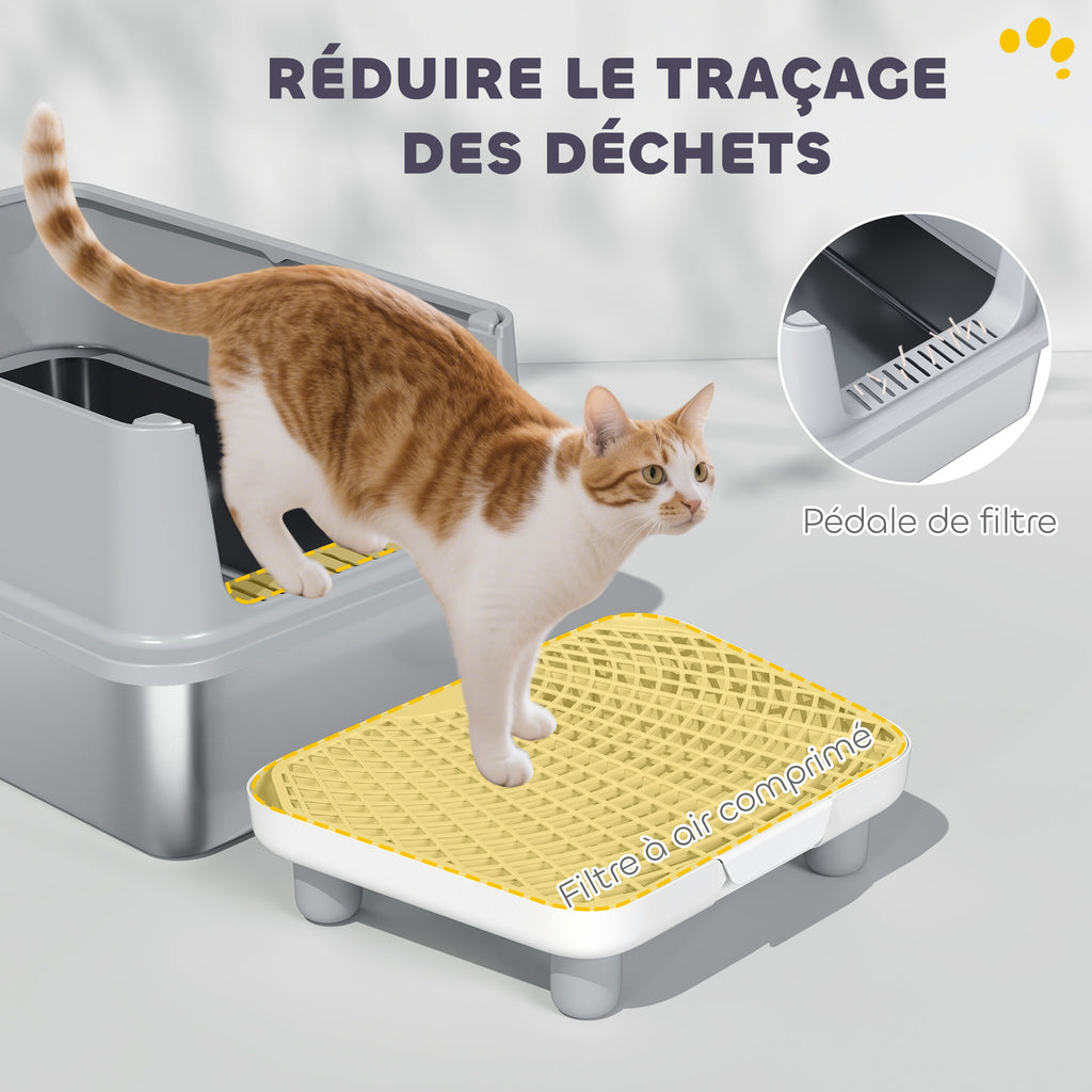 Bac à Litière XL en Acier Inoxydable, Parois Latérales Hautes, Pédale et Tapis Filtrants, Pelle, 60,2x40,2x29,6cm, Gris-5