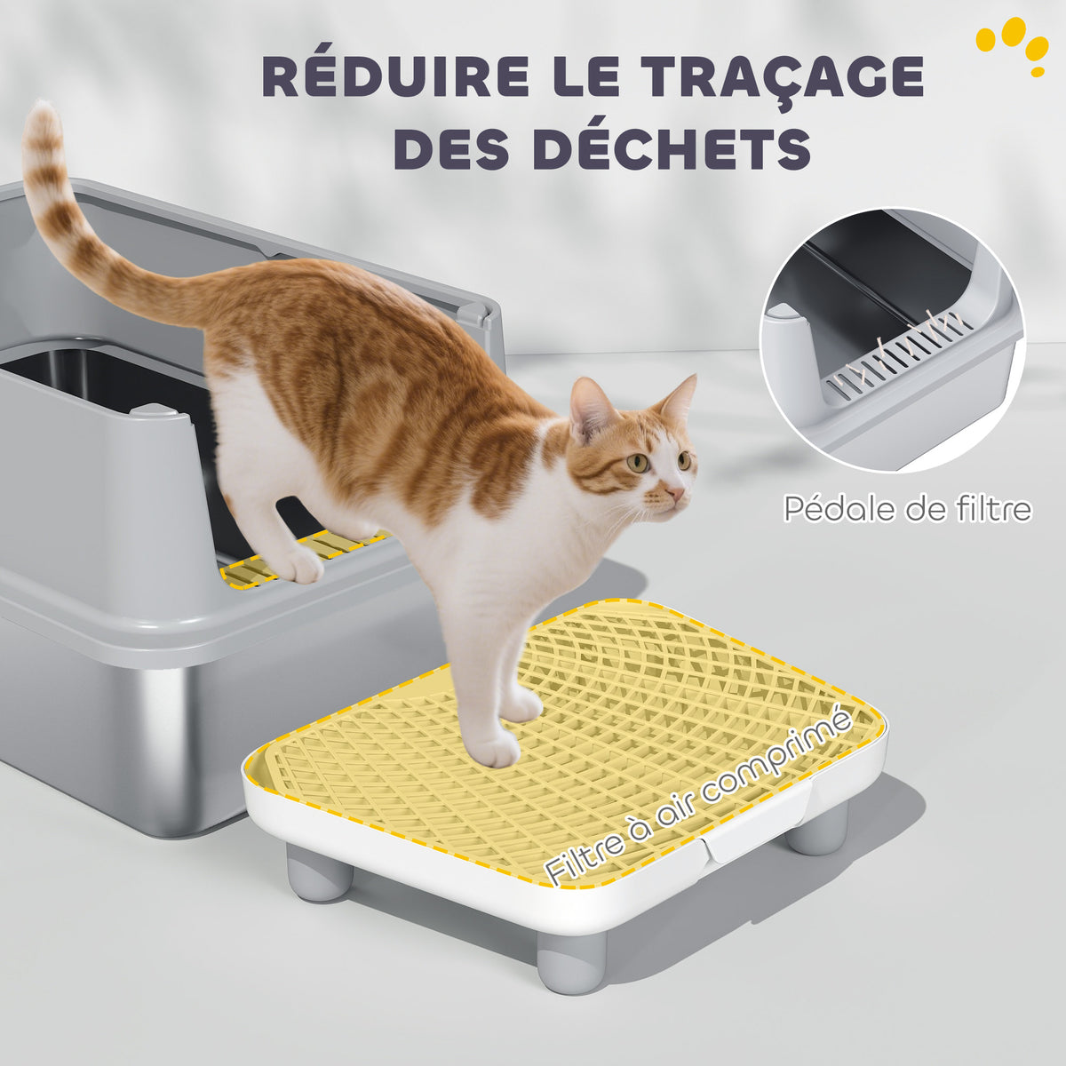 Bac à Litière XL en Acier Inoxydable, Parois Latérales Hautes, Pédale et Tapis Filtrants, Pelle, 60,2x40,2x29,6cm, Gris-5