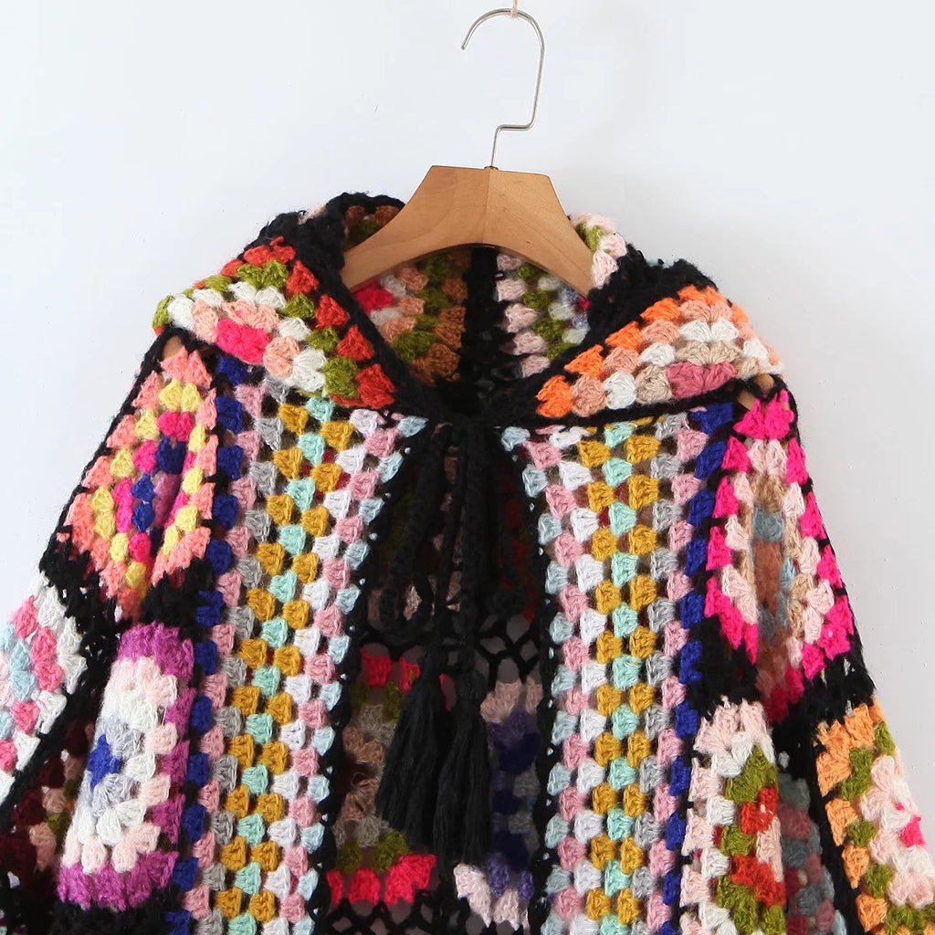Spring new European and American fashion handmade grandmother grid hooded sweater
