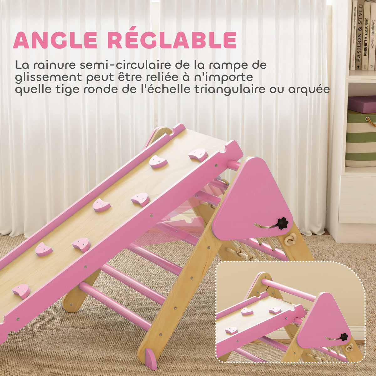 Triangle d'escalade enfants 8 en 1 avec rampe double face, arc d'escalade en bois avec toboggan & échelle, rose-5