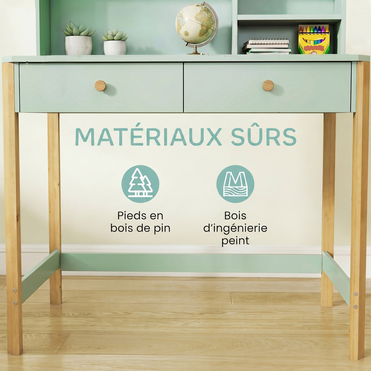 Bureau enfant en bois, bureau avec rangement, 2 tiroirs et 3 compartiments ouverts, plateau large, 90x52x105cm, vert-4