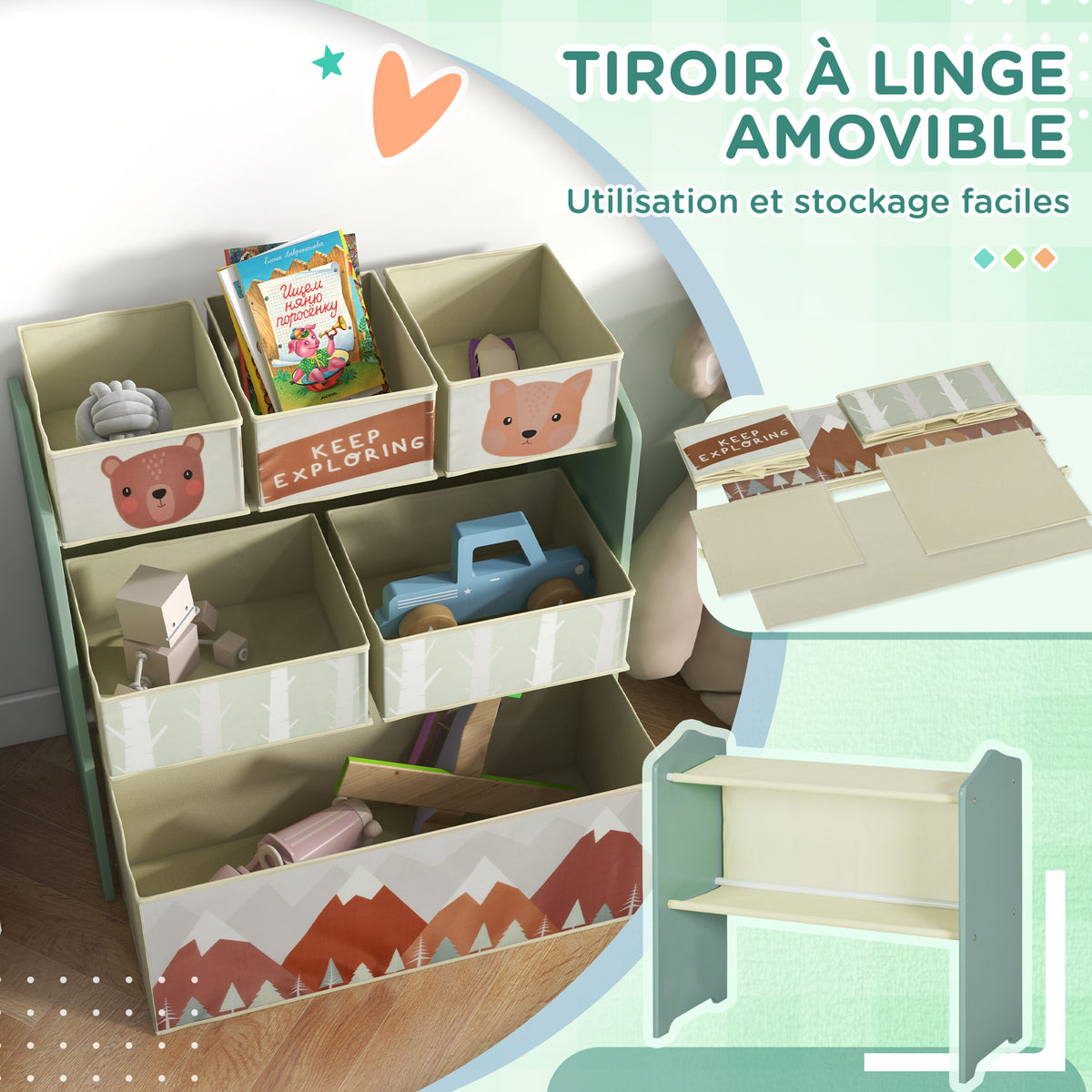 Meuble de rangement enfant avec 6 boîtes amovibles en tissu non tissé Organisateur de jouets, étagère 63L x 30l x 66H cm-4