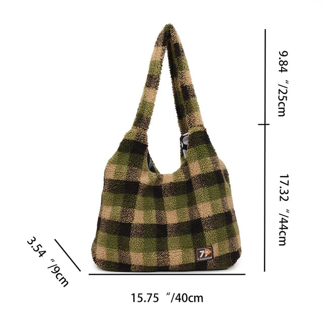 Women Lamb Wool Fluffy Handbag Large Capacity Plush Shoulder Bag Plaid Pattern Tote Bag Vintage Fashion Shopping Underarm Bag