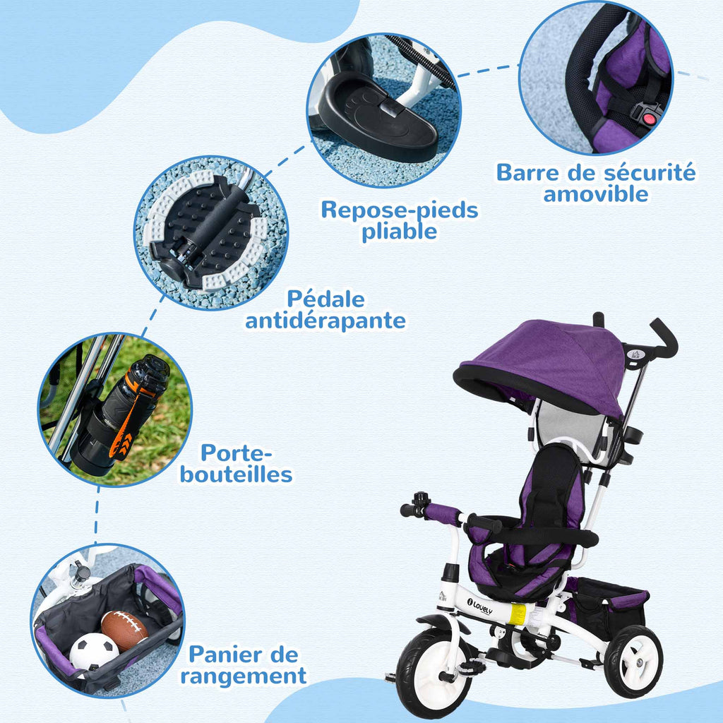 Tricycle enfant évolutif pare-soleil pliable canne télescopique amovible 95 x 50 x 106 cm acier violet blanc-5