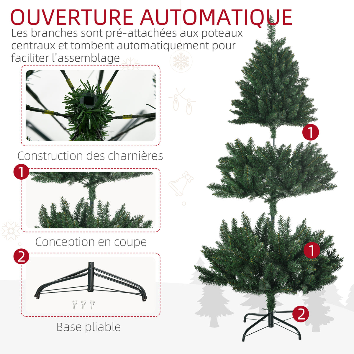 Sapin de Noël artificiel 305 branches avec pied croix acier amovible Ø 85 x 120H cm vert-6