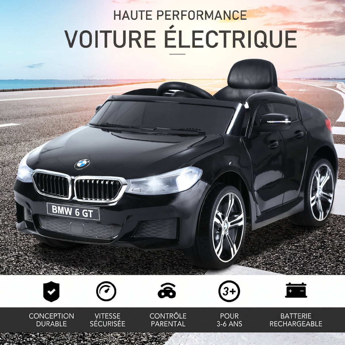 Voiture électrique Enfants 6 V 3 Km/h Max. Effets sonores et Lumineux télécommande Incluse Noir BMW 6 GT-5
