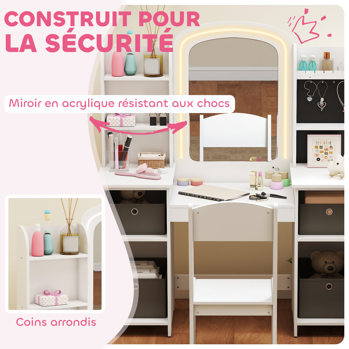 Coiffeuse pour enfants avec tabouret et miroir LED, table de maquillage pour 3 à 8 ans, 104 x 40 x 112 cm, blanc-6