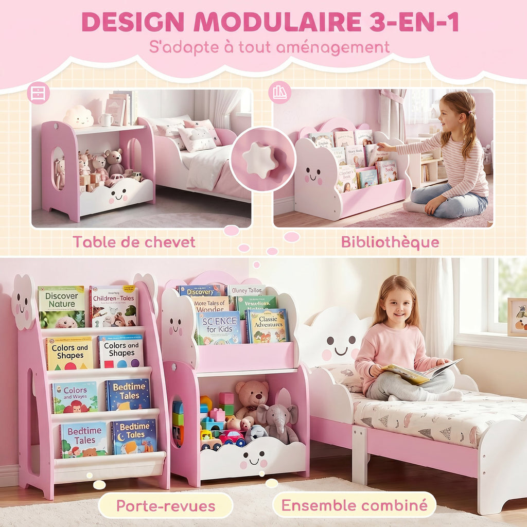 Meuble rangement enfant 3 à 8 ans, rangement jouets enfant modulaire avec porte-magazines à 4 étagères, rose-3
