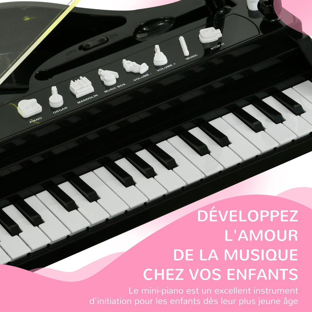 Piano enfant électronique 32 touches multifonctions avec micro haut parleur tabouret couvercle lumineux LED noir-7