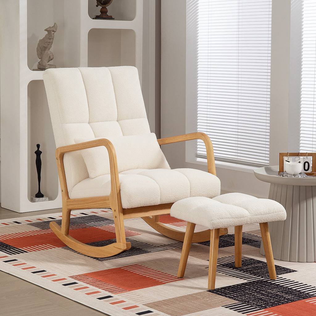 Fauteuil à bascule avec repose-pieds, rocking chair en tissu bouclette, pieds en bois, 64,5 x 82 x 89 cm, blanc-7