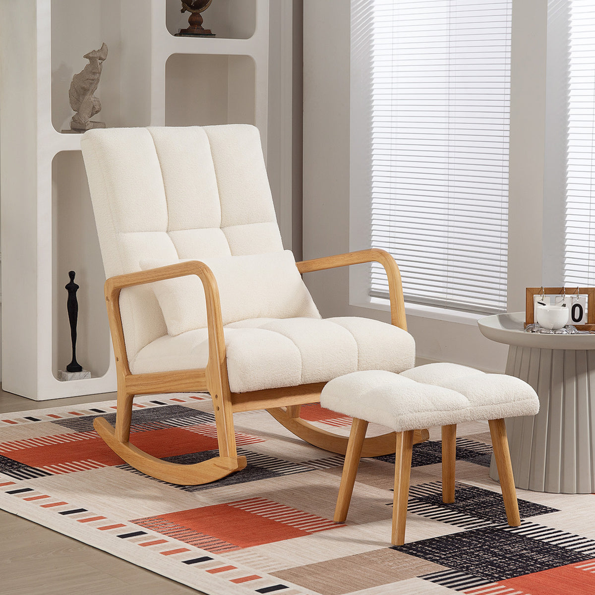 Fauteuil à bascule avec repose-pieds, rocking chair en tissu bouclette, pieds en bois, 64,5 x 82 x 89 cm, blanc-7