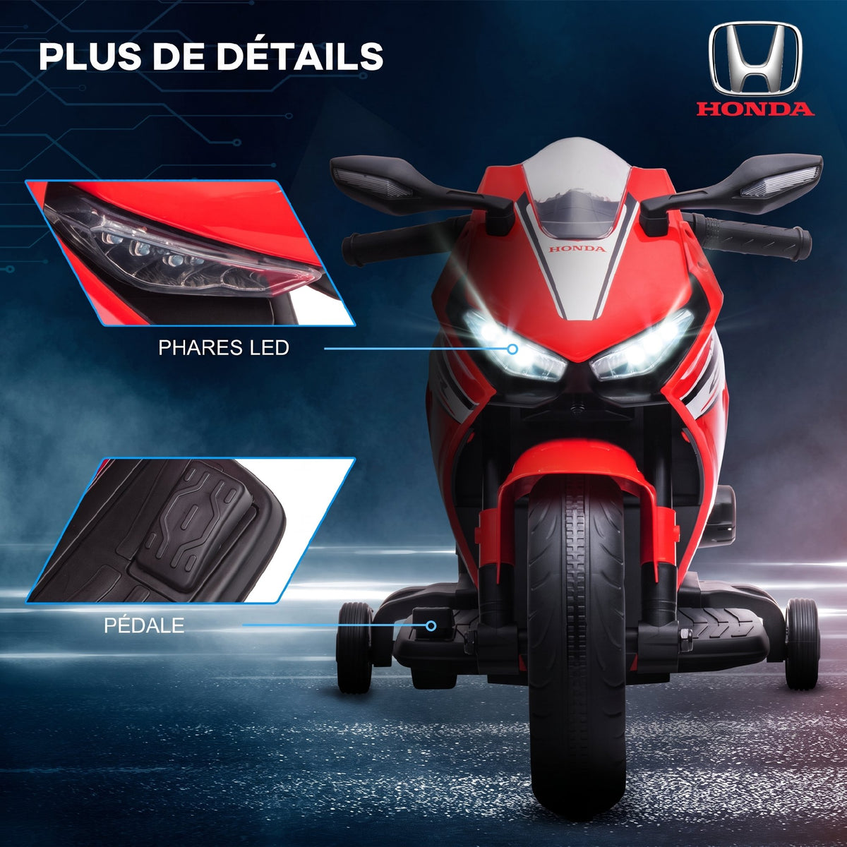 Moto Électrique Enfants sous Licence HONDA 6 V, 3 Km/h, Musique & Lumière, 2 Roues d'Entraînement, Rouge-6