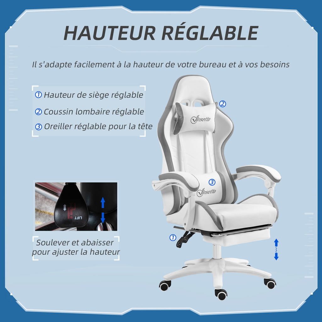 Chaise gaming fauteuil gaming ergonomique avec dossier inclinable à 135° et soutien lombaire, 65 x 65 x 121-129 cm blanc-3