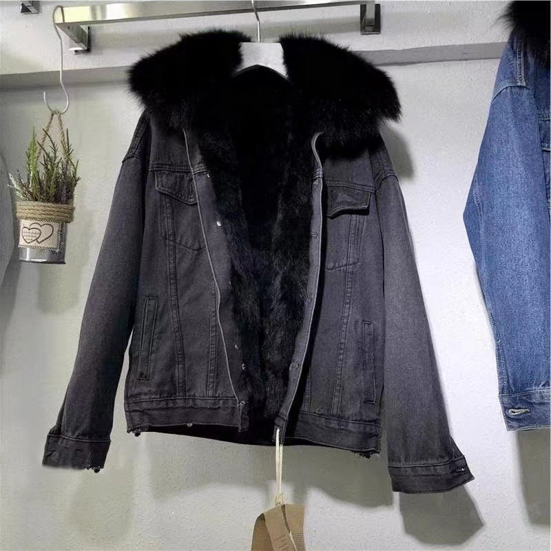 Winter new style plus velvet cotton coat loose Korean style denim fur collar thickened coat for women