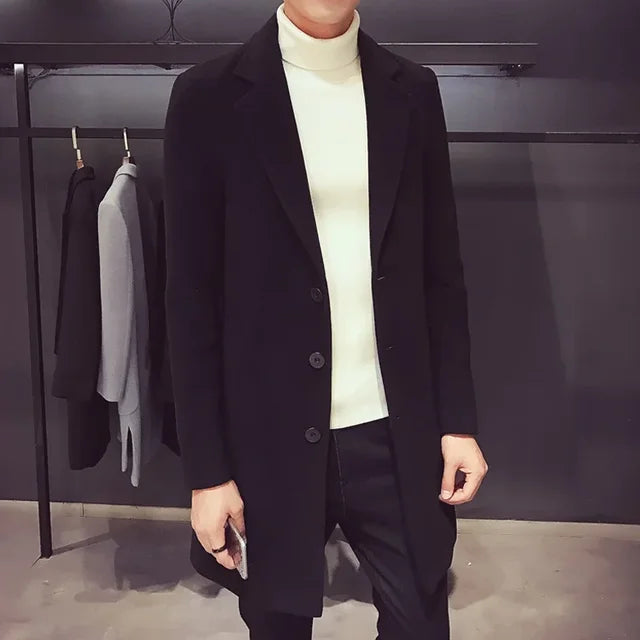 Men's coat, medium long windbreaker, winter slim fit woolen coat, teenage student thick woolen coat