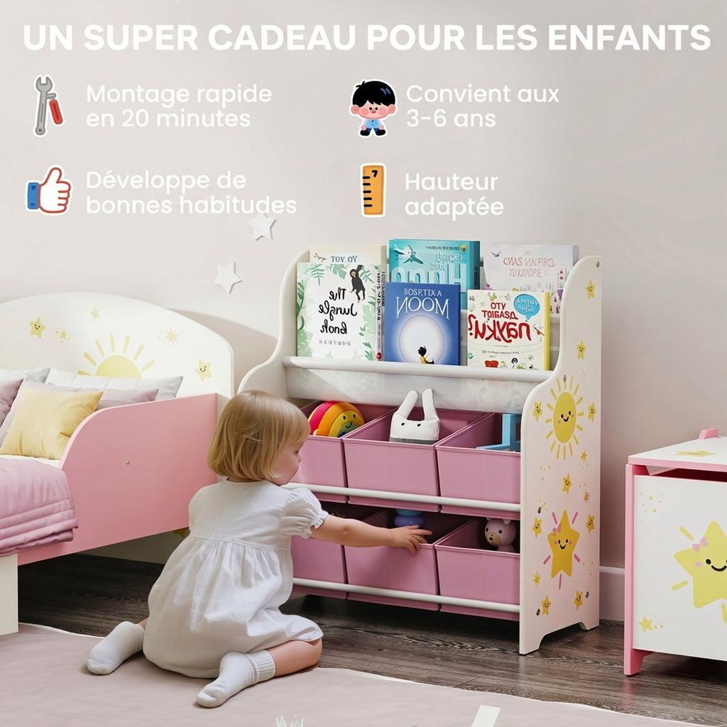 Meuble Rangement Enfant, Rangement Jouet Enfant, 6 Tiroirs en Tissu et Étagère à Deux Niveaux, 63x30x71cm, Rose-5