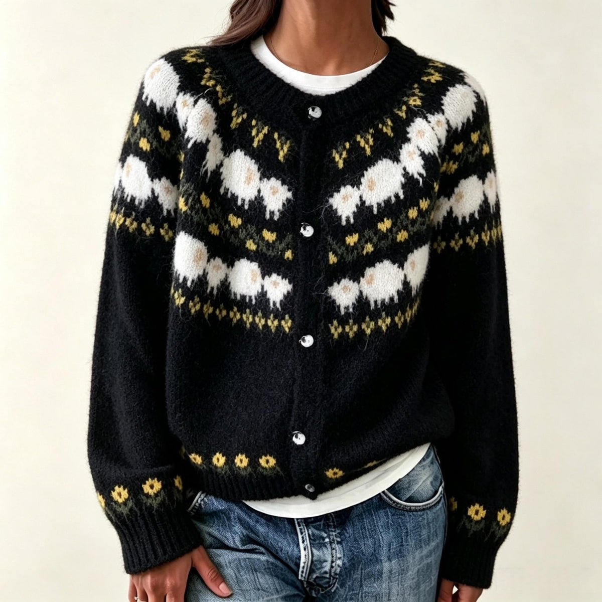 Round neck cardigan long sleeved sweater