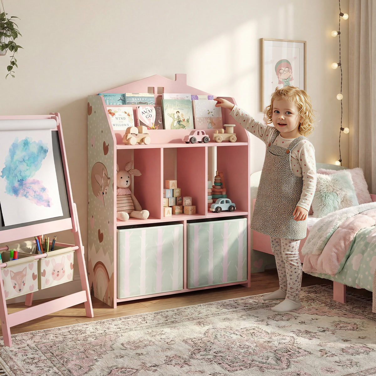 Meuble rangement enfant, bibliothèque enfants avec étagères ouvertes et 2 tiroirs en tissu, MDF, rose-1