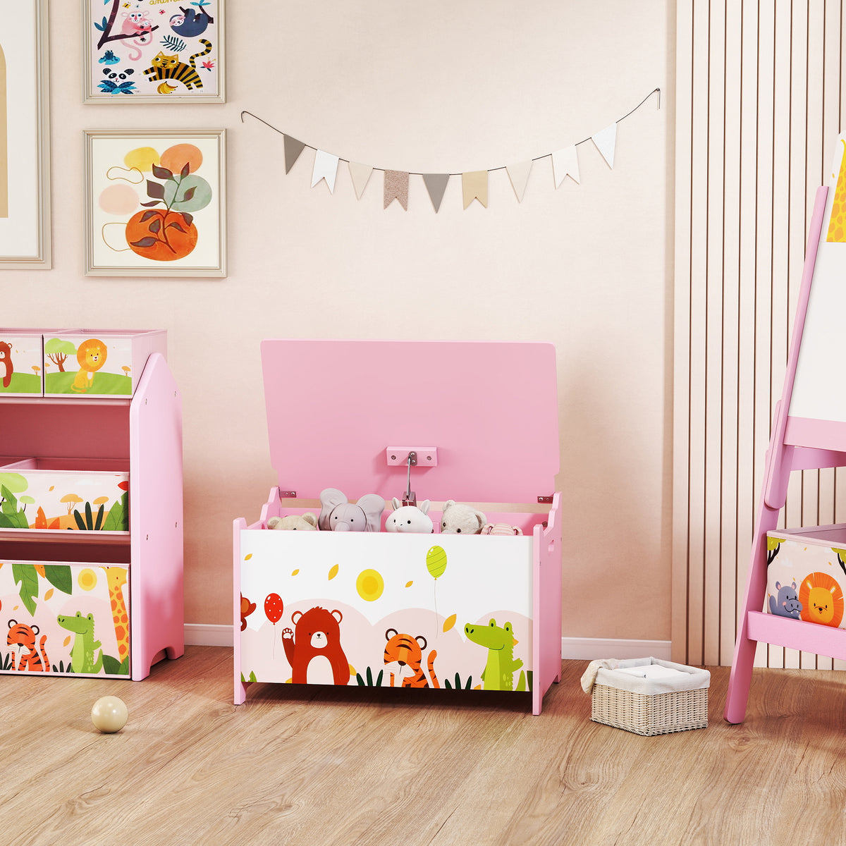 Coffre à jouet enfant coffre de rangement enfant couvercle rabattable motif animal 60 x 37 x 39 cm rose-8