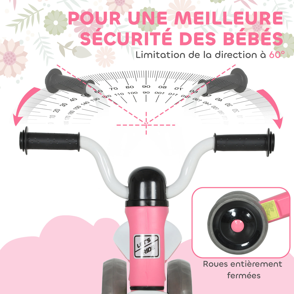 Draisienne bébé 1-3 ans jusqu'à 20 kg, vélo enfants sans pédale, 3 roues silencieuses, 69 x 40 x 49 cm, rose-4