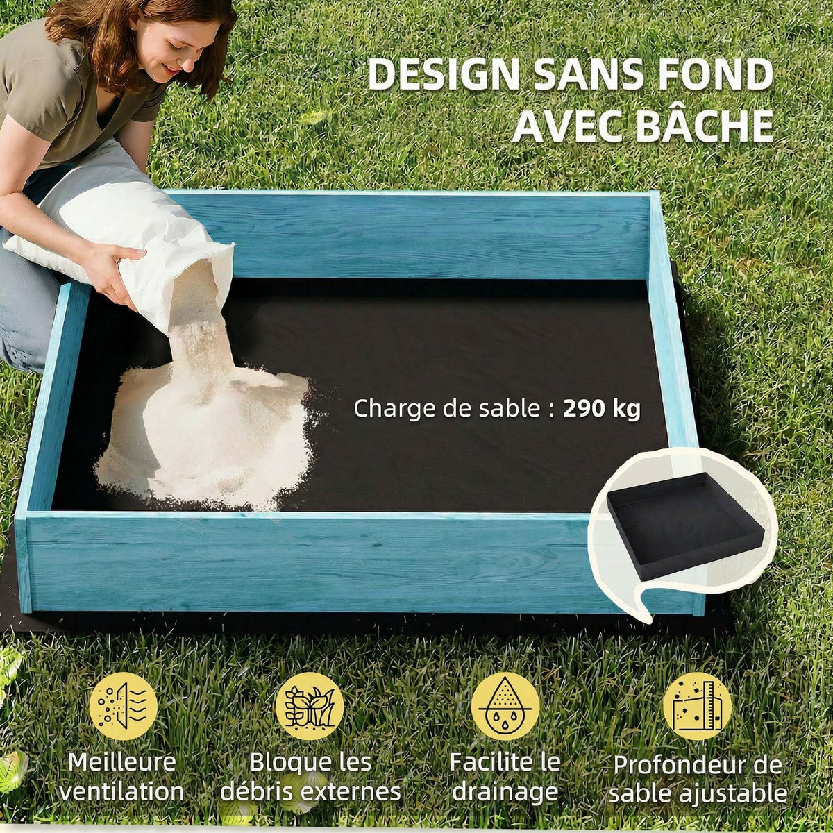 Bac à sable en bois avec couvercle, bac à sable enfant extérieur avec siège pliable toile imprimée flamants bleus-5
