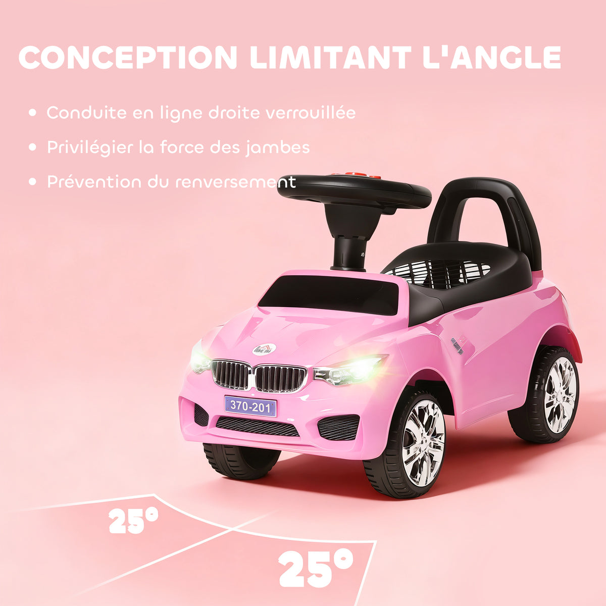 Porteur enfants voiture, véhicule à pousser avec coffre à jouets, klaxon, phares et musique, 63,5 x 28 x 36 cm, rose-6