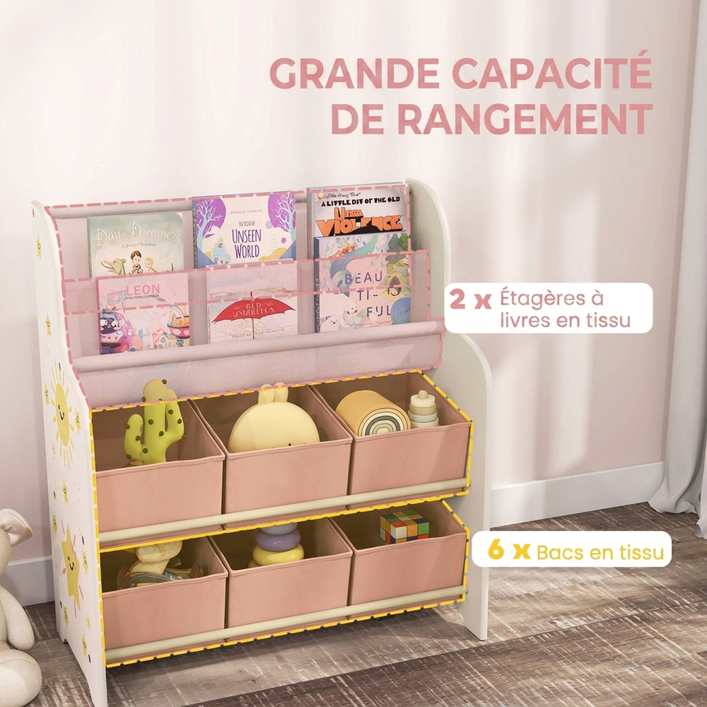 Meuble Rangement Enfant, Rangement Jouet Enfant, 6 Tiroirs en Tissu et Étagère à Deux Niveaux, 63x30x71cm, Rose-3