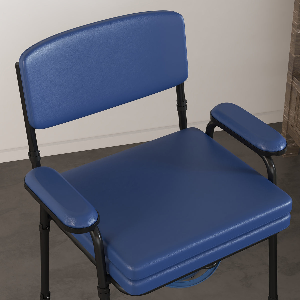 Chaise percée toilette multifonctions seau amovible hauteur réglable avec dossier siège et accoudoirs rembourrés bleu-7