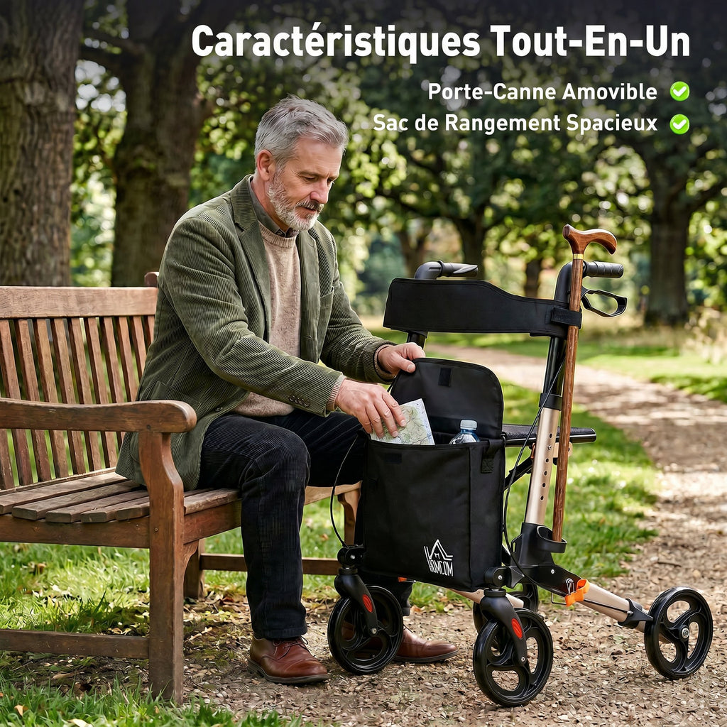 Déambulateur 4 Roues Pliable en Aluminium, Hauteur Réglable 6 Positions, Freins Doubles, Rangement, 64x67x92cm, Doré-3