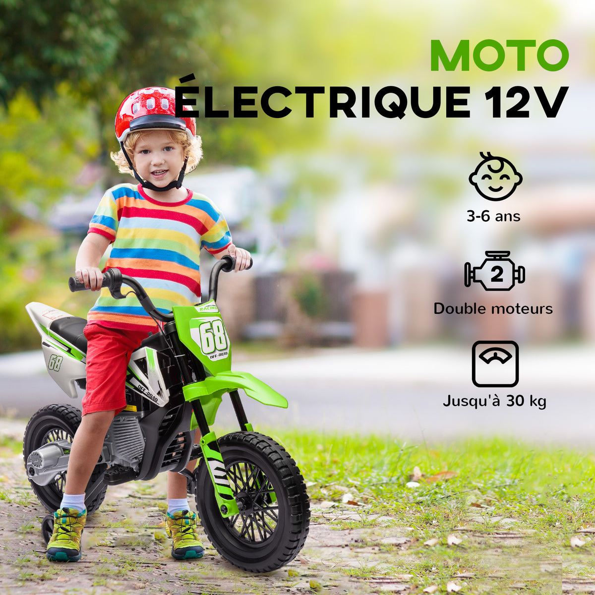 Moto électrique pour enfant moto cross pour enfants de 3 à 6 ans 2 moteurs 12V vitesse max. 5 km/h vert-5