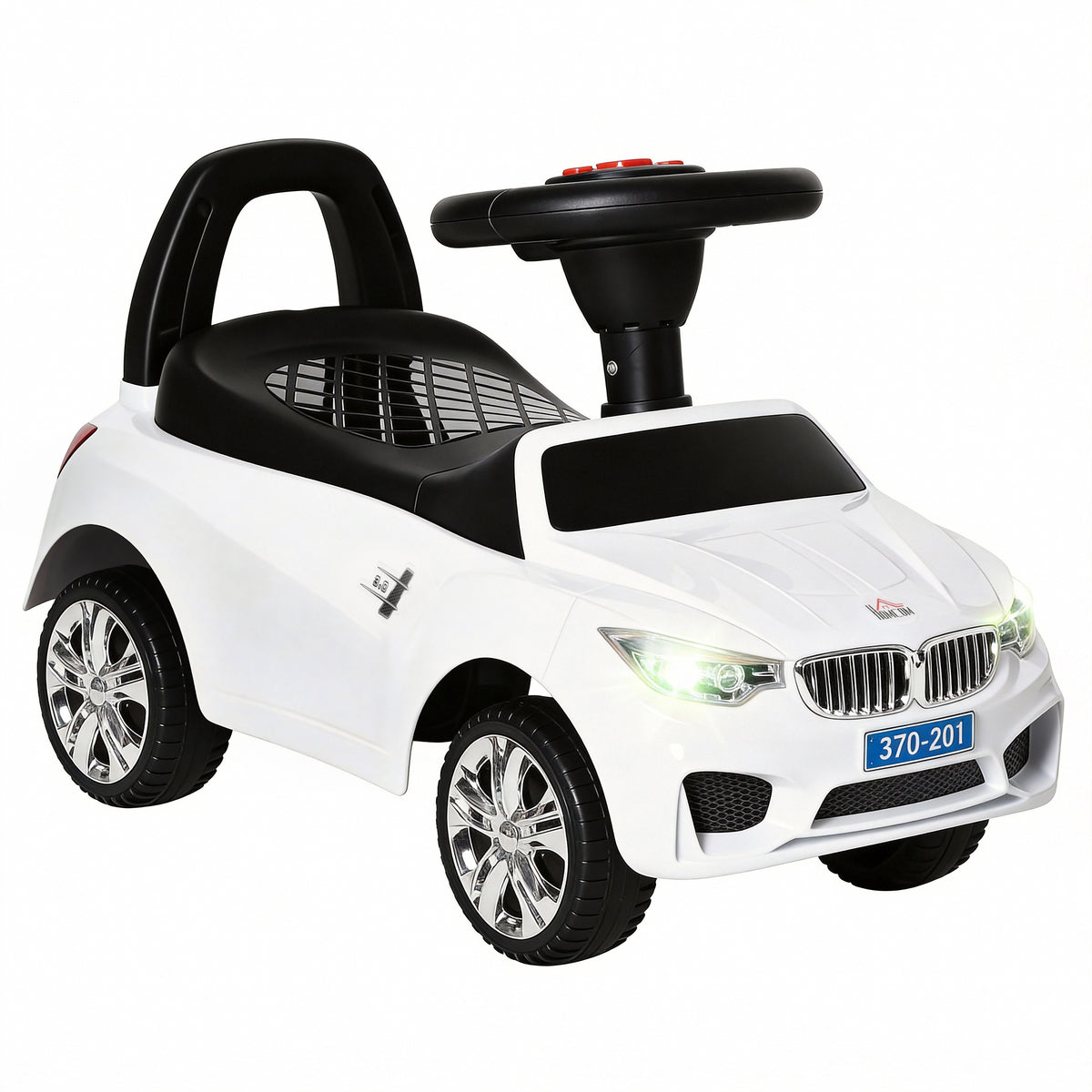 Porteur enfants voiture, véhicule à pousser avec coffre à jouets, klaxon, phares et musique, 63,5 x 28 x 36 cm, blanc-0