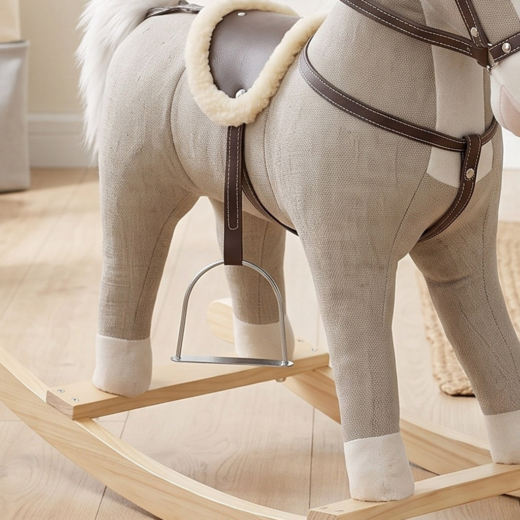 Cheval à bascule pour enfants, jouet à bascule bébé en tissu effet lin avec effets sonores et poignées de sécurité, gris-9