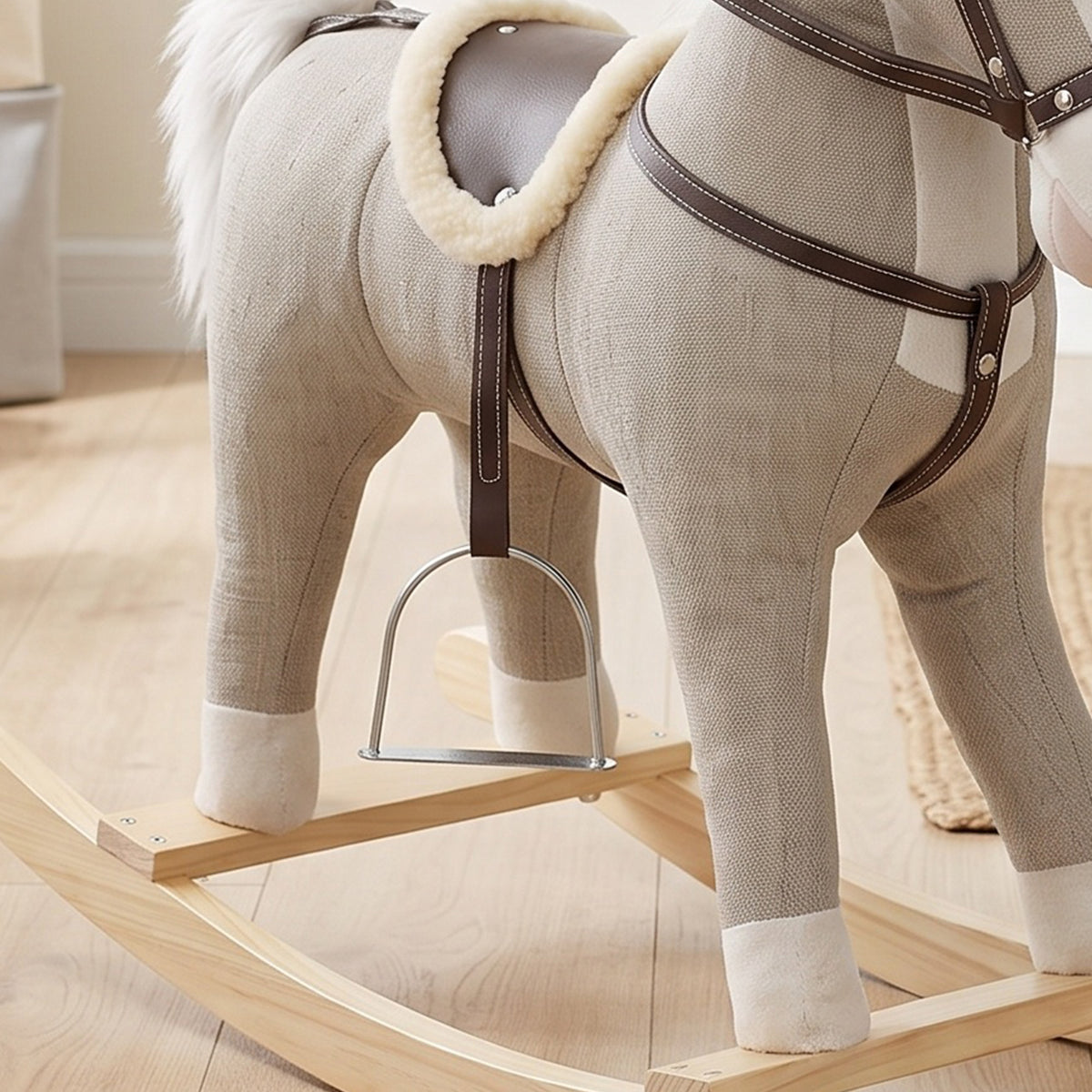 Cheval à bascule pour enfants, jouet à bascule bébé en tissu effet lin avec effets sonores et poignées de sécurité, gris-9
