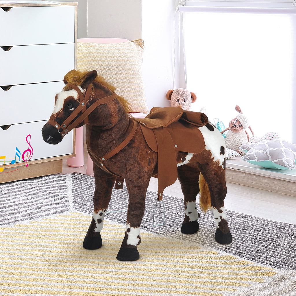 Cheval Debout en Peluche Effets sonores hennissement et Galop Selle étrier rênes 85L x 28l x 60H Marron Blanc-9
