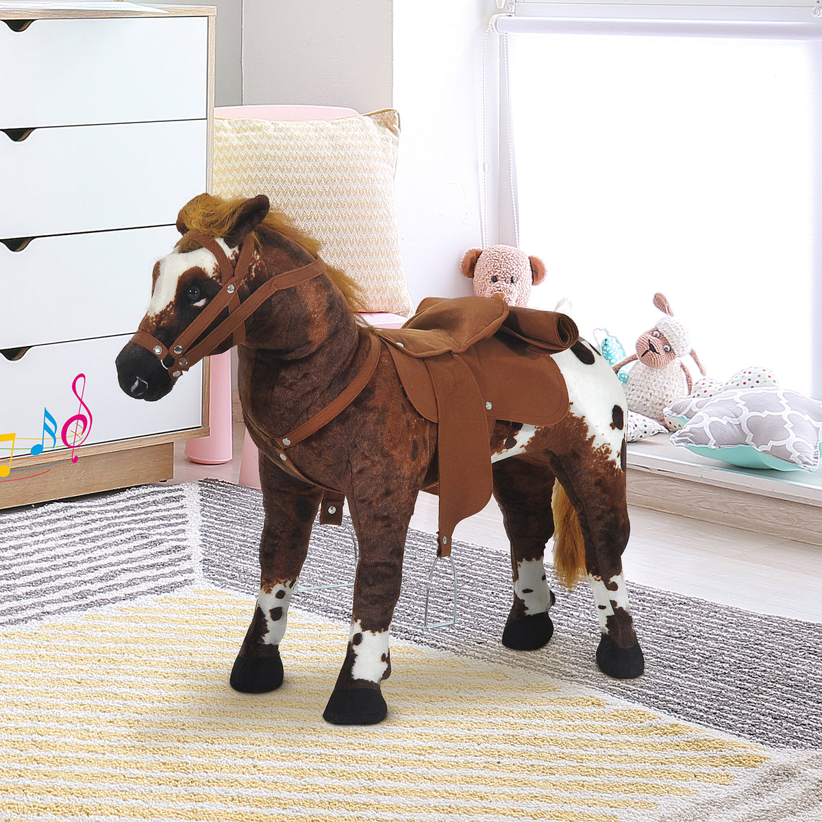 Cheval Debout en Peluche Effets sonores hennissement et Galop Selle étrier rênes 85L x 28l x 60H Marron Blanc-9