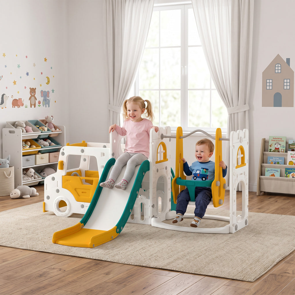 Ensemble Toboggan et Balançoire 7 en 1 pour Enfants, Aire de Jeux Intérieure, Thème Voiture, pour 1-4 Ans, Blanc-9
