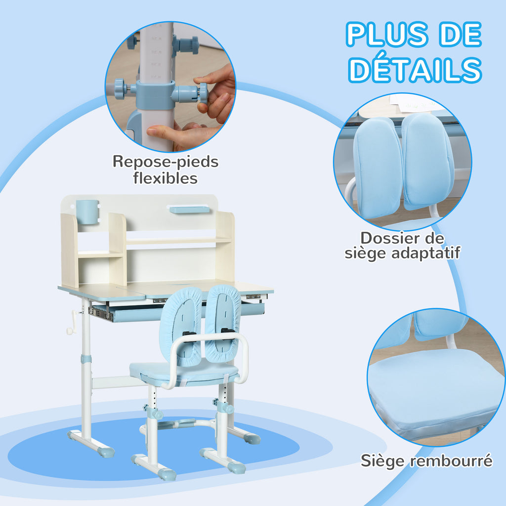 Ensemble bureau et chaise pour enfants hauteur réglable et plateau inclinable 0-60° table 80 x 52 x 88-109 cm bleu-6