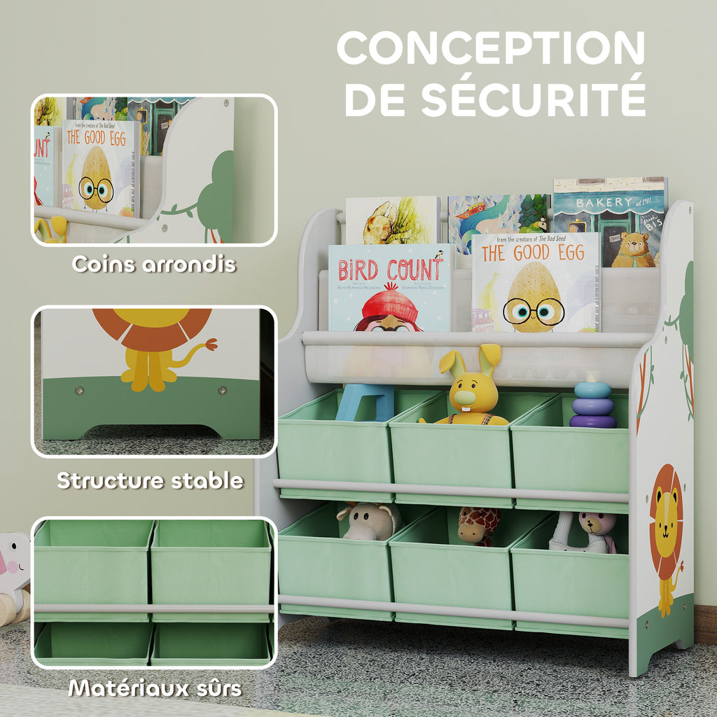 Meuble rangement enfant, rangement jouet enfant, 6 tiroirs en tissu et étagère à deux niveaux, 63x30x71cm, vert-4