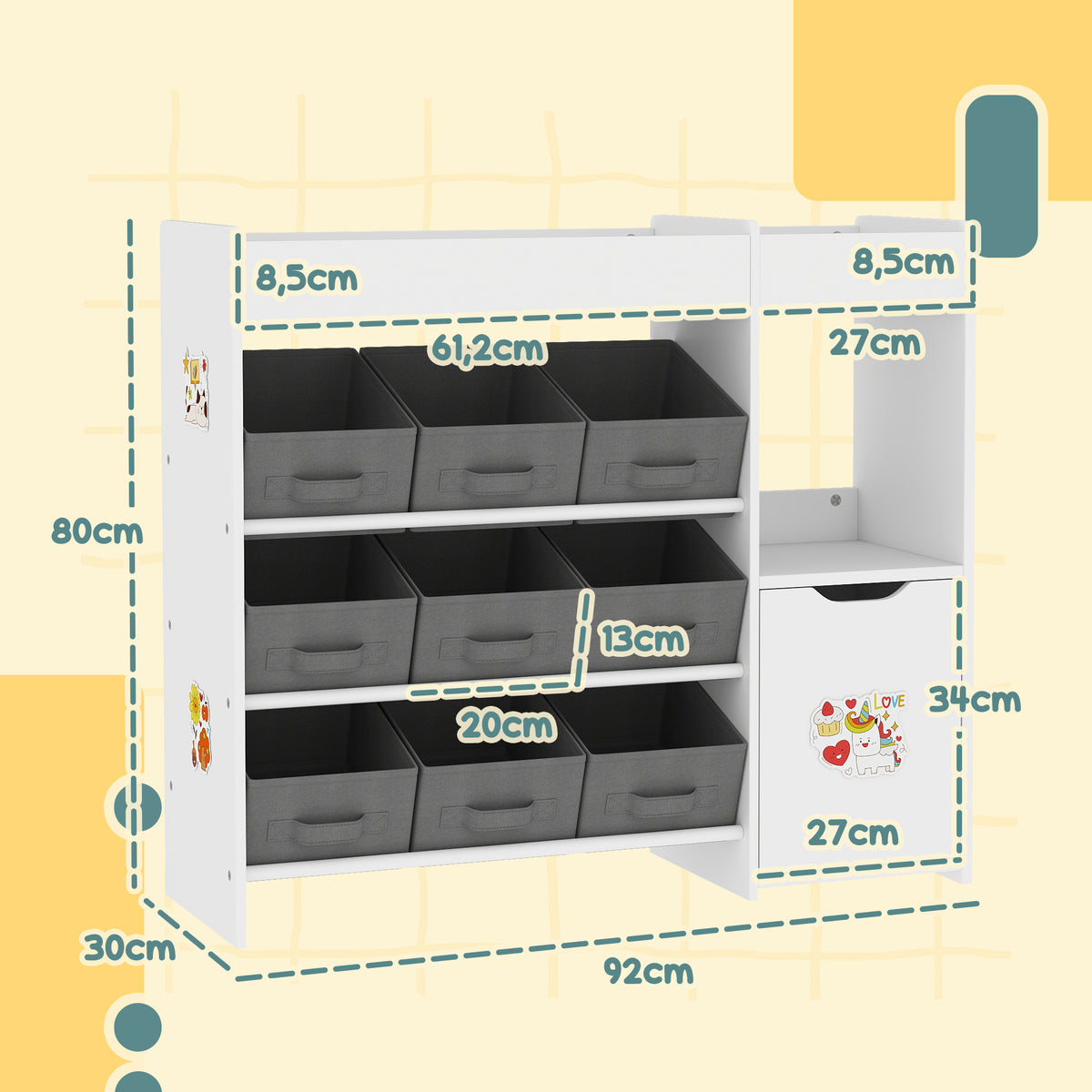 Meuble rangement enfant étagère de rangement pour jouets enfants avec 9 tiroirs en tissu et placard, blanc-2