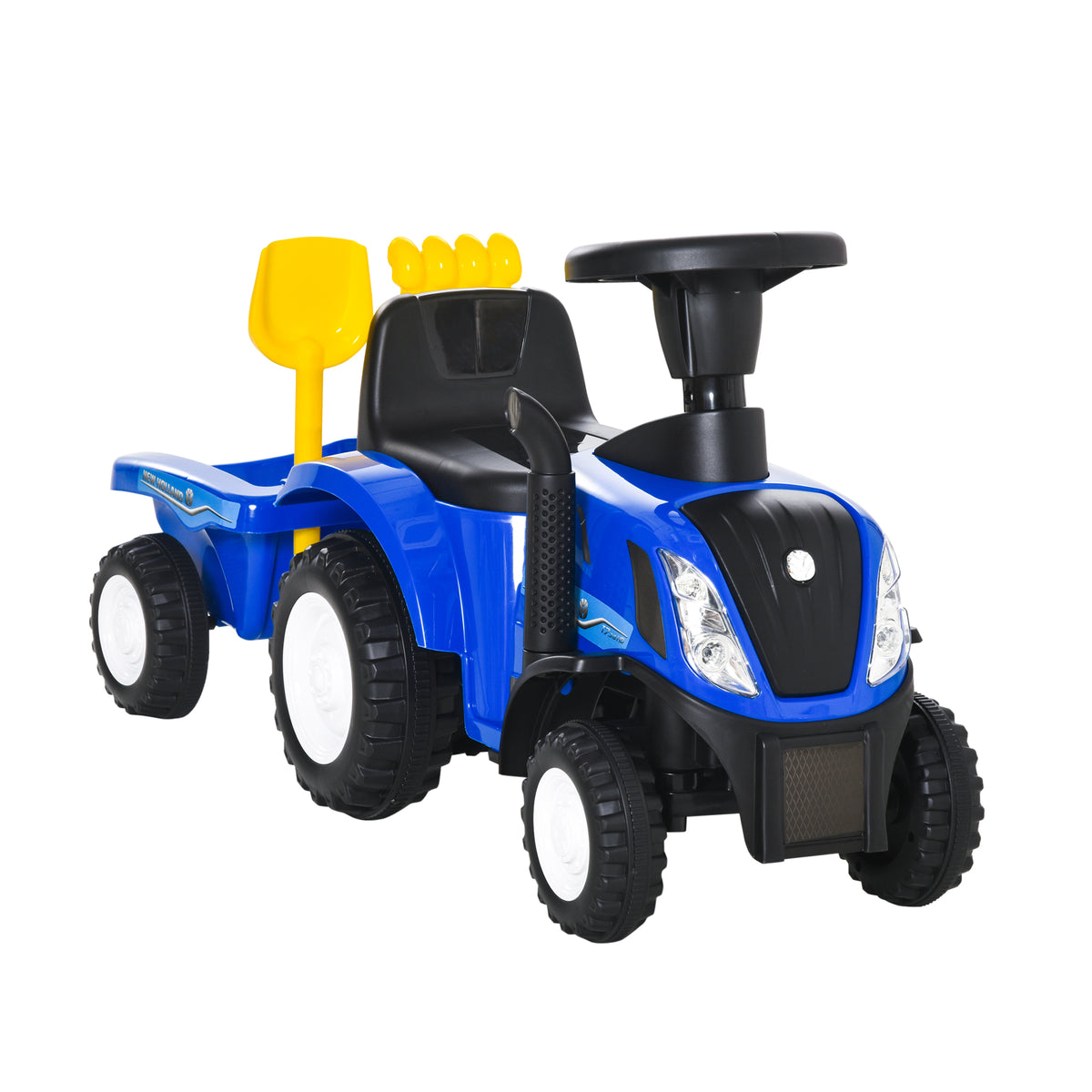 Porteur tracteur enfants avec coffre amovible, râteau et pelle, voiture enfants avec lumière LED et klaxon, bleu-0